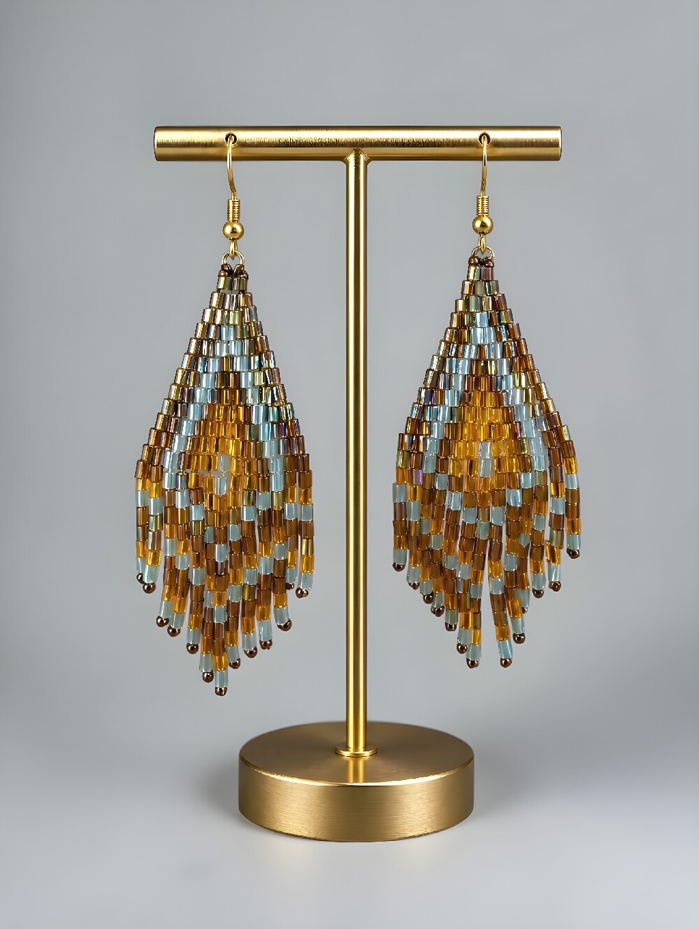 Handmade Bronze Beaded Fringe Earrings Boho 70s Festival Dangle